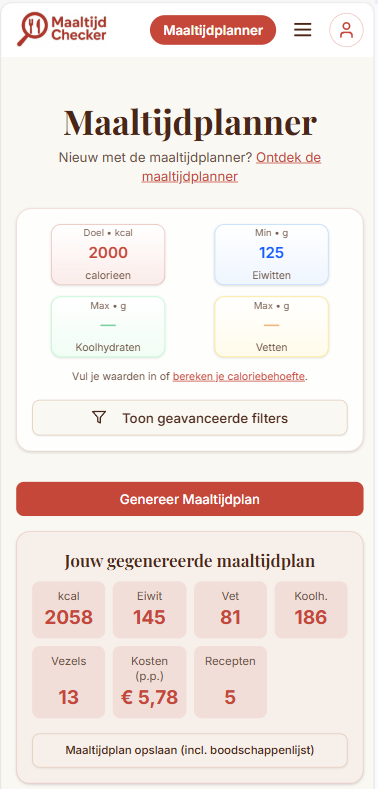 Overzicht van de maaltijdplanner met macro-instellingen en budget